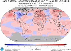 Desvios nas temperaturas médias planetárias de 2014: O ano mais quente da História até 2014!